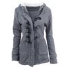 Women Solid Color Horn Buttons Cardigan Padded Hooded Coat Jacket Overcoat
