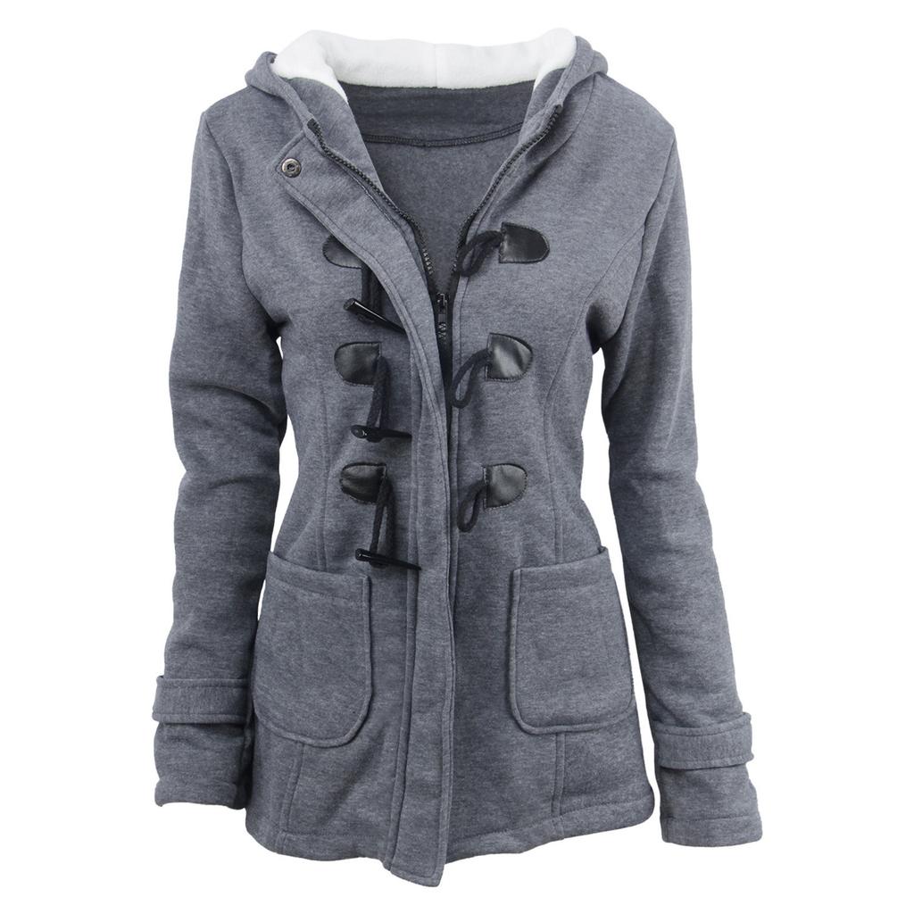 Women Solid Color Horn Buttons Cardigan Padded Hooded Coat Jacket Overcoat