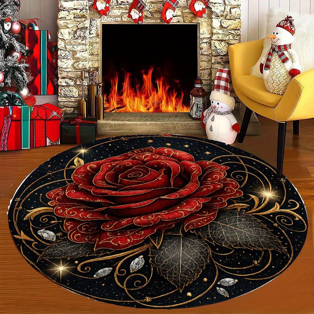 Luxury Red Rose Gold Round Rug, Black Starry Background with Diamond Patterns for Living Room Bedroom Elegant Decor