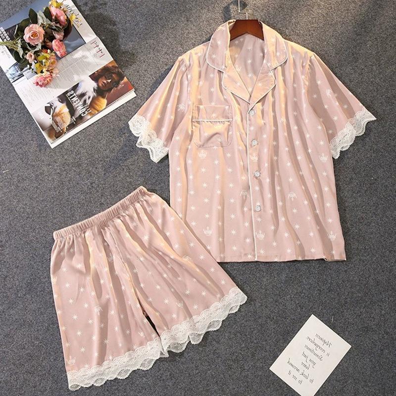 Stylish And Simple Style Small Print Summer Short-Sleeved Shorts Loose And Comfortable Imitation Silk Suit Loungewear Suit