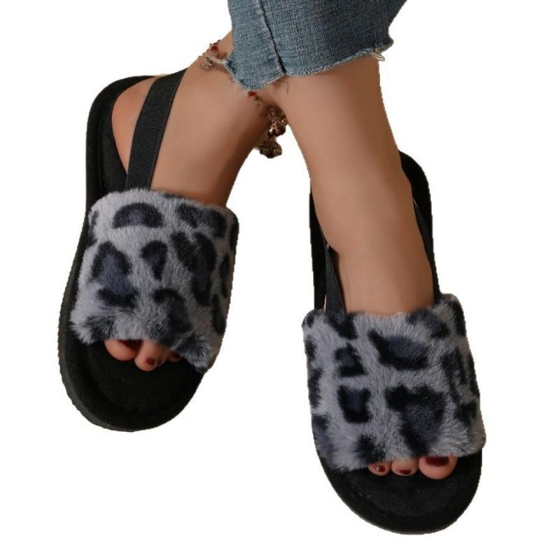 New leopard print plush slippers women's elastic cotton slippers home warm spring and autumn fluffy slippers women