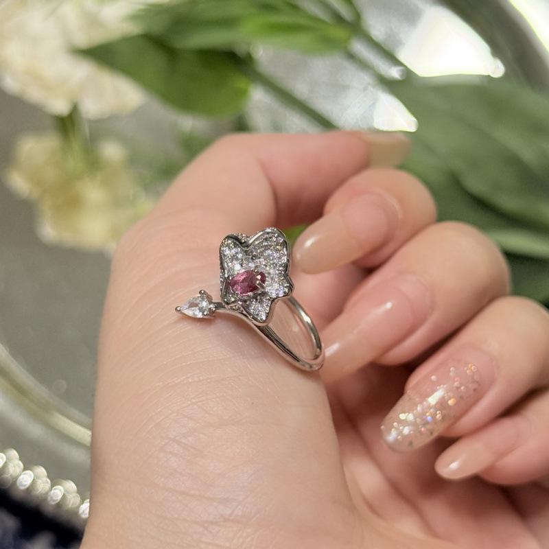 Xiaohongshu Rose Purple Rhinestone Ring - Stylish  Versatile Floral Niche Design Adjustable Open Size