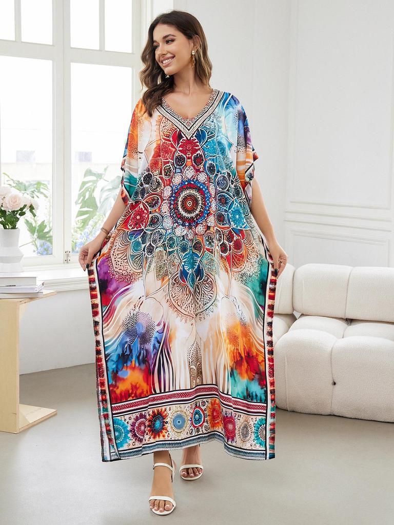 Luźny bawełniany szlafrok z nadrukiem w dużym rozmiarze - okrycie na wakacje na plaży dla kobiet