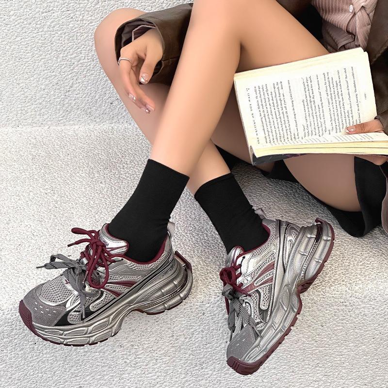 Leather dad shoes women's thick soles increase in height, small people show long legs, sports shoes 2025 spring breathable casual jogging shoes