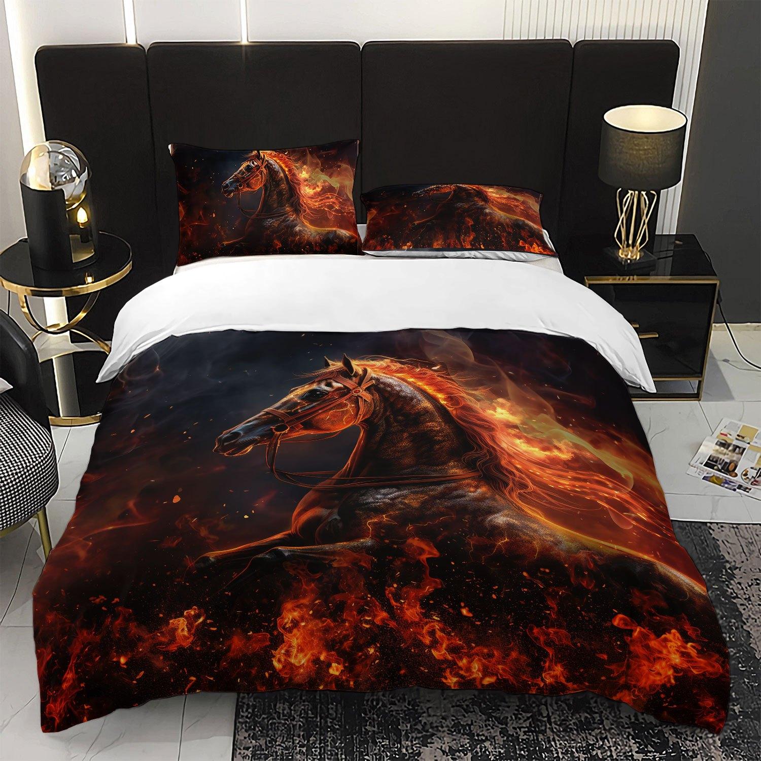 

3pcs Fiery Horse Bedding Duvet Cover Set Flaming Horse Bedding Quilt Set Horse Themed Bed Quilt Set Modern Bedroom Decor (135x200cm)