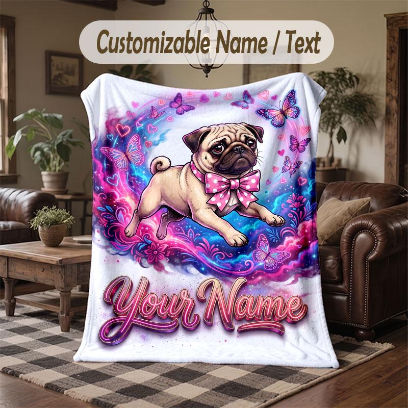 Pug Theme Throw Blanket Custom Name Text Personalized Blanket Soft Cozy Blanket for Home Sofa Bed