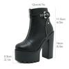 Gdgydh Women Block Heeled Short Boots Ankle Strap Fashion Front Zipper Platform Boots Stylish Buckle Strap High Heels Shoes