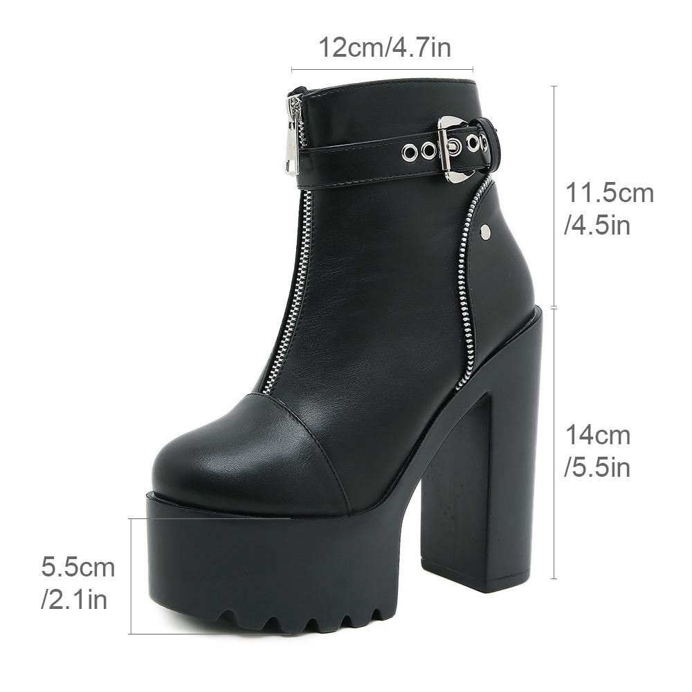 Gdgydh Women Block Heeled Short Boots Ankle Strap Fashion Front Zipper Platform Boots Stylish Buckle Strap High Heels Shoes