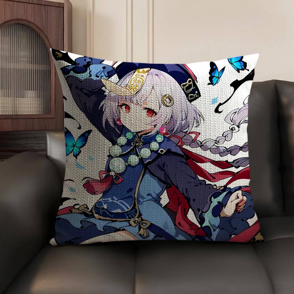 Qiqi Genshin Impact Cute Cushion Cover Natural Linen Organic Fabric DoubleSided Printing Sofa Home Decor Gift Pillow Case