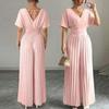 Women's V Neck Short Sleeve High Waist Pleated Jumpsuit Casual Wide Leg Pantsuit