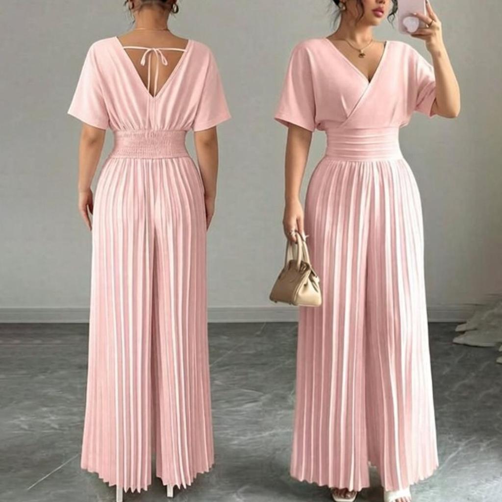 Women's V Neck Short Sleeve High Waist Pleated Jumpsuit Casual Wide Leg Pantsuit