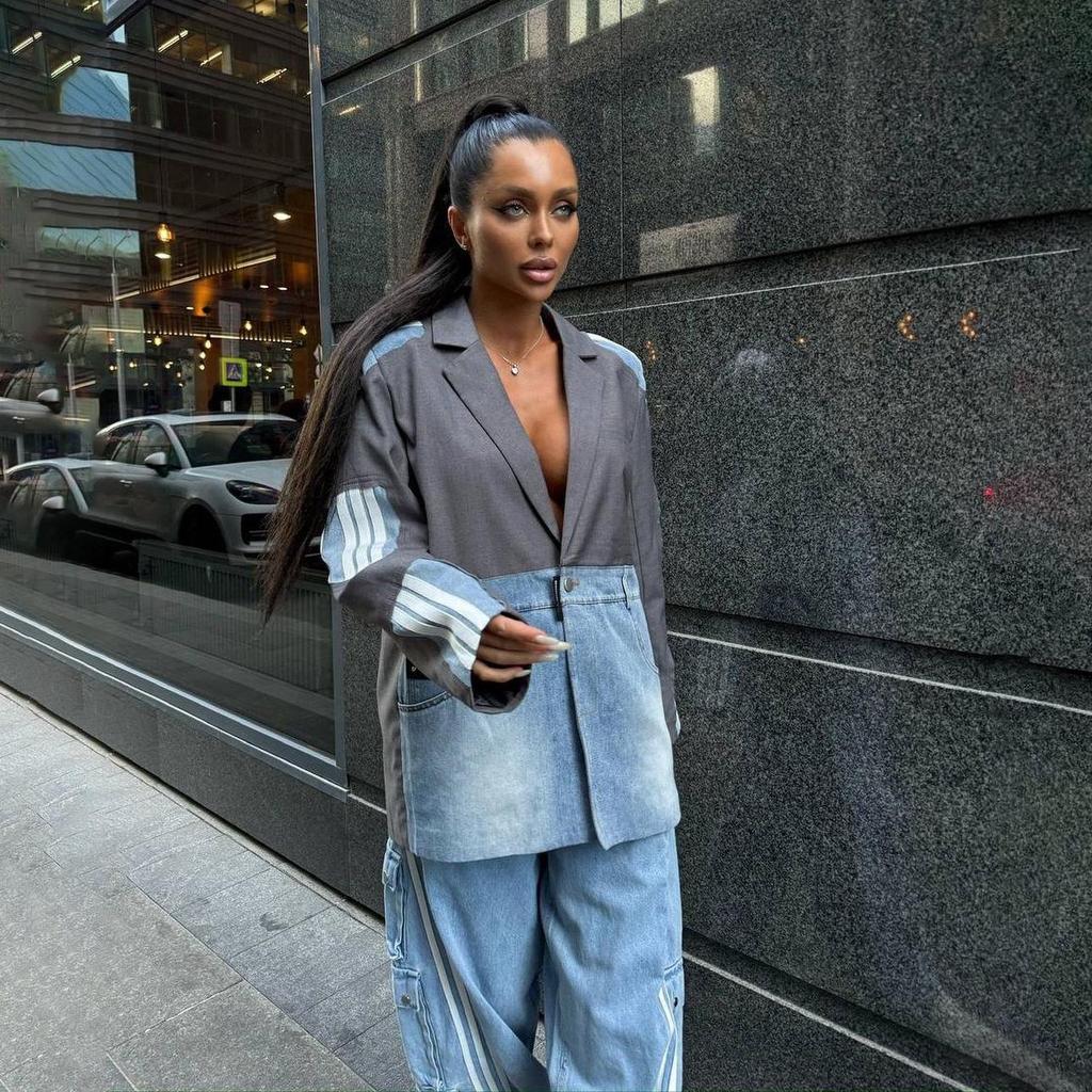 Vysoko módna džínsová patchwork bunda: Jesenné voľné, nadmerné veľkosti, trendy, všestranné dámske streetwear