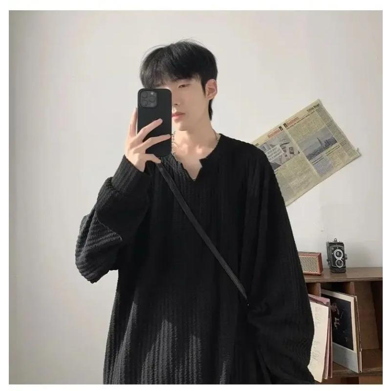 Autumn Korean Streetwear T Shirt Men Fashion Hip Hop Baggy Casual Solid Color Loose Long Sleeve Tees