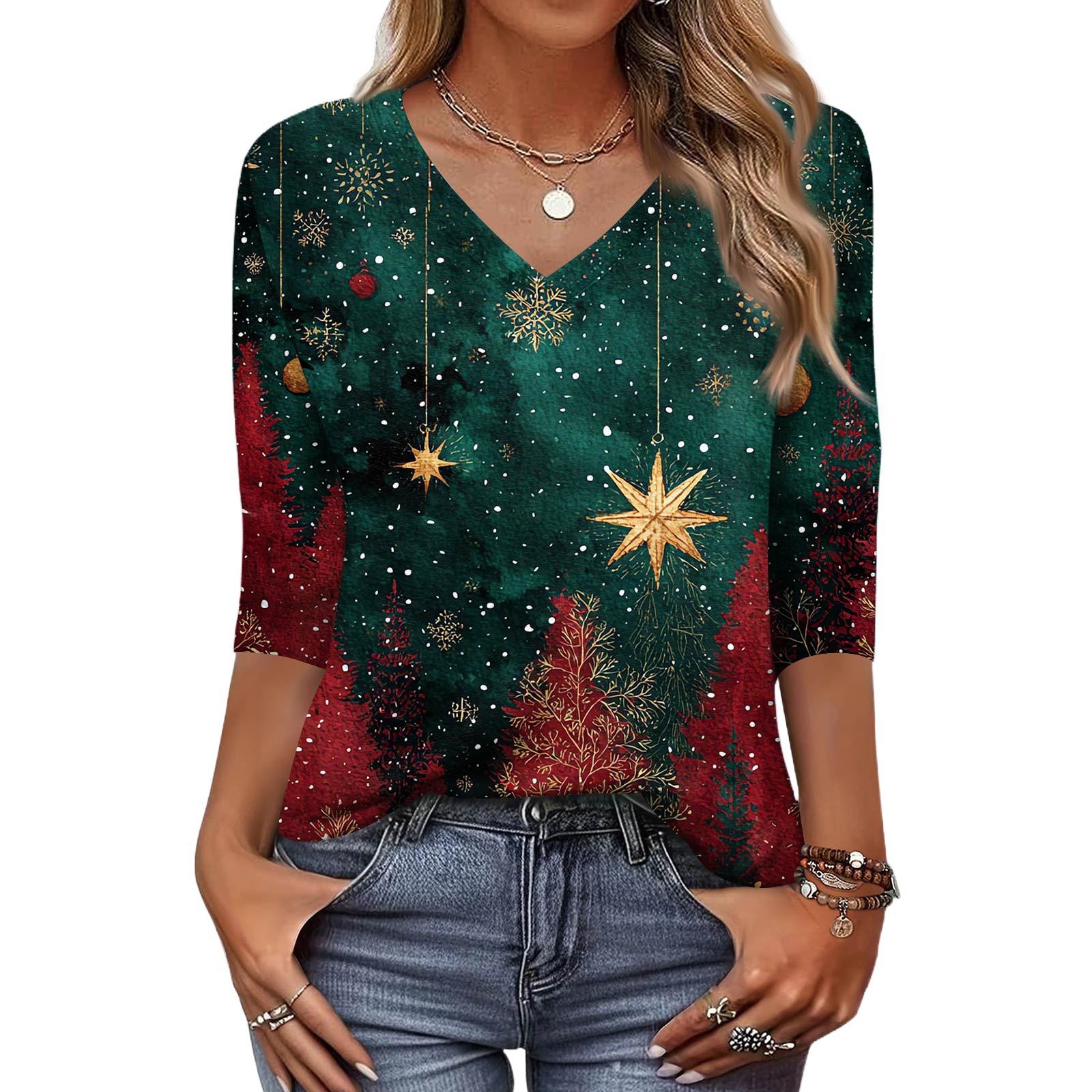 

Модный винтажный топ с рукавом 3/4 для женщин, женская повседневная футболка с рукавом три четверти, V-образным вырезом и принтом L зелёный