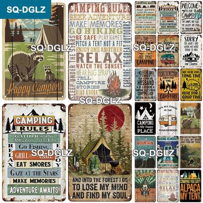 SQ-DGLZ Vintage Camping Regeln Entspannen Metallschild Platte Blechschild Platte Heim Bar Tür Wanddeko Aufkleber Dekoration Plakette Poster