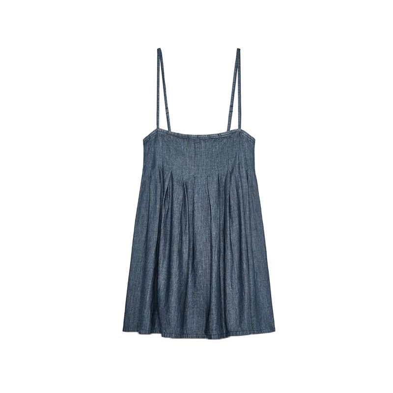 Spring and Summer New Women's Clothing Ins Style Wide Pleated Decoration Denim Straight Collar Camisole Short Dress 0250080