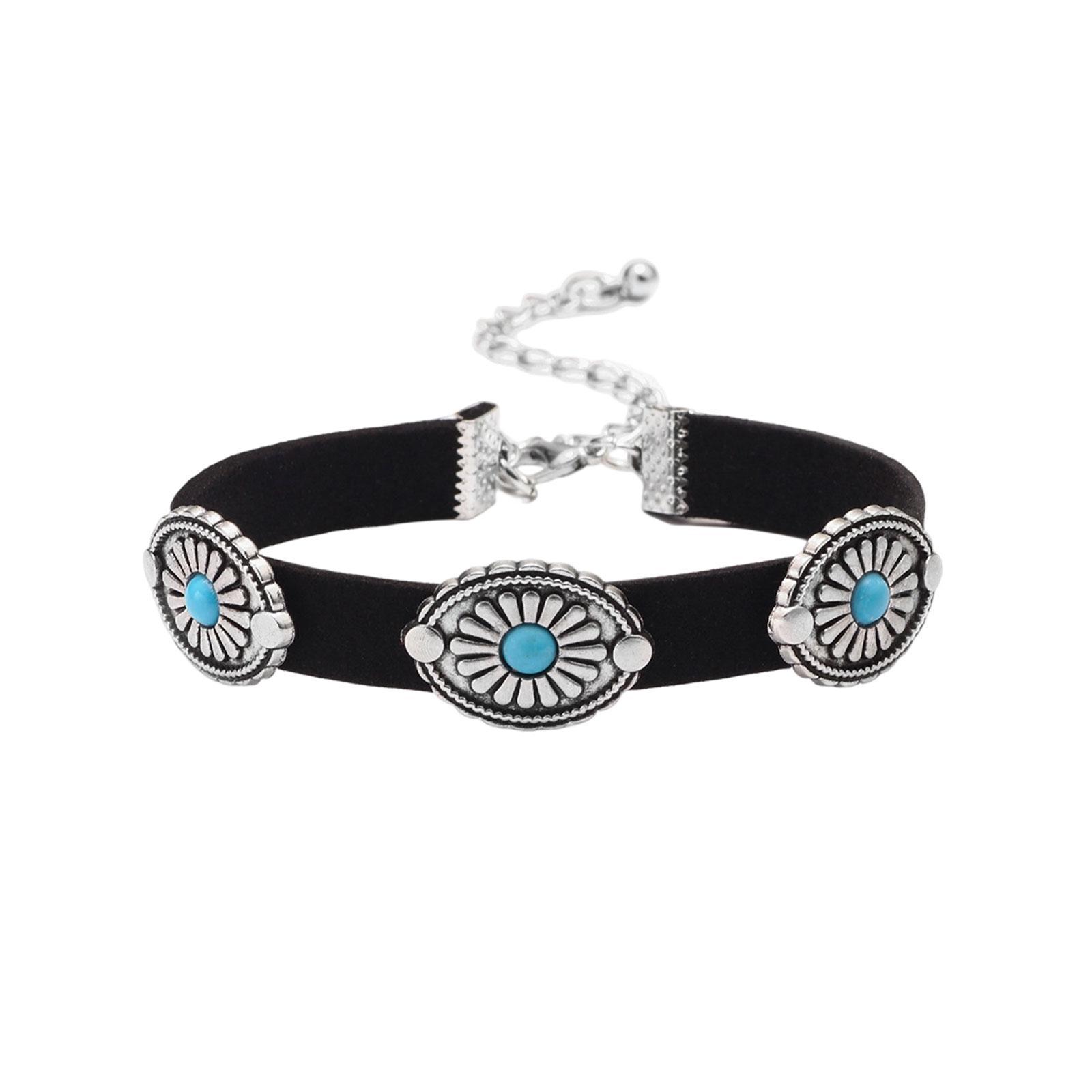 

Retro Metal Flower Dish Turquoise Korean Velvet Bracelet Bohemian Bracelet One Size