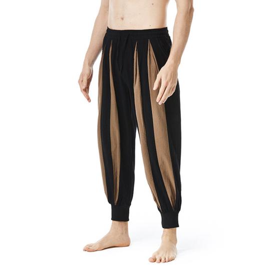 Men Pants Cotton Linen Casual Trousers Loose Fit Elastic Waist Color Block Design Relaxed Fit Long Pants Daily Wear