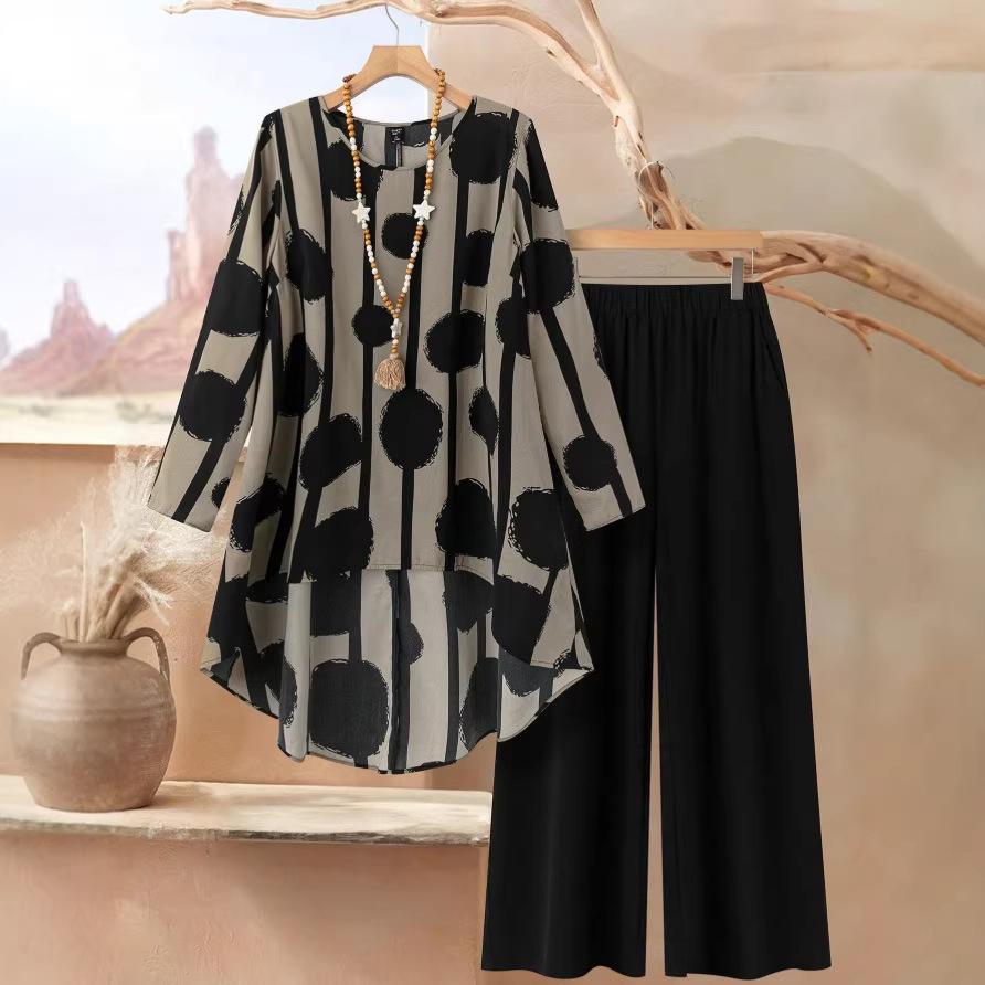 Abstract Polka Dot Short Sleeve Top and Wide Leg Pants Two Piece Set in Gray & Black