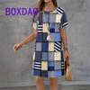 Colorful Geometric Printing Women Fashion Dress Summer Short Sleeve O-Neck Loose A-Line Dress Street Female Large Size Sundress