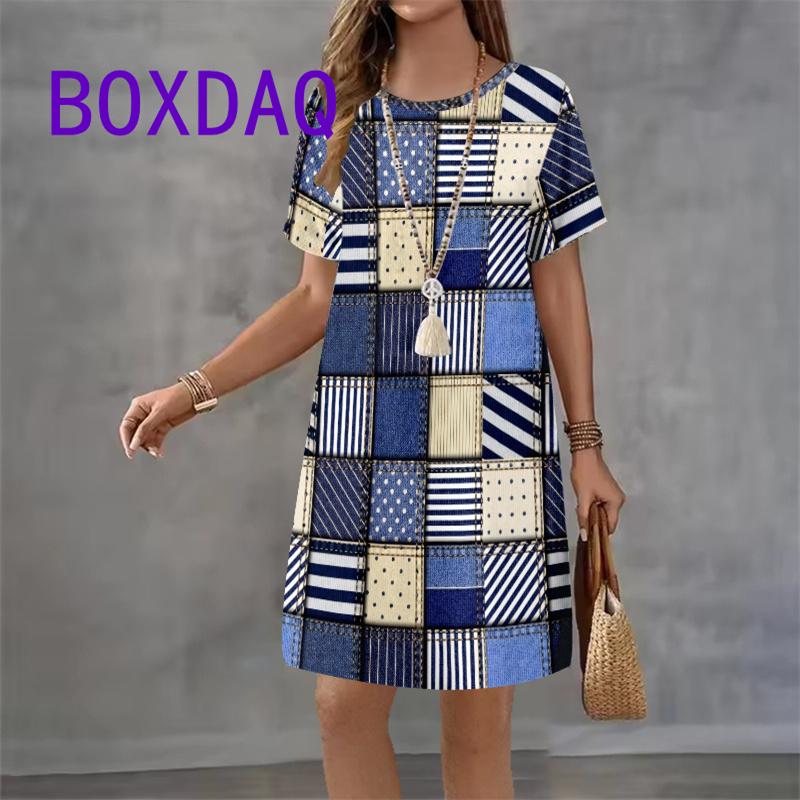 Colorful Geometric Printing Women Fashion Dress Summer Short Sleeve O-Neck Loose A-Line Dress Street Female Large Size Sundress