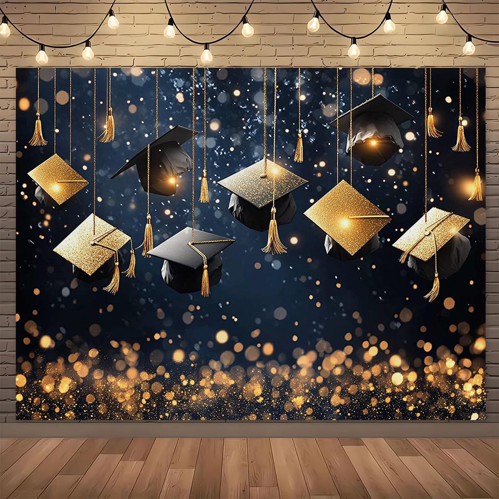 A gold and black background, decorated with a graduation hat, is elegant and complex, suitable for graduation celebrations