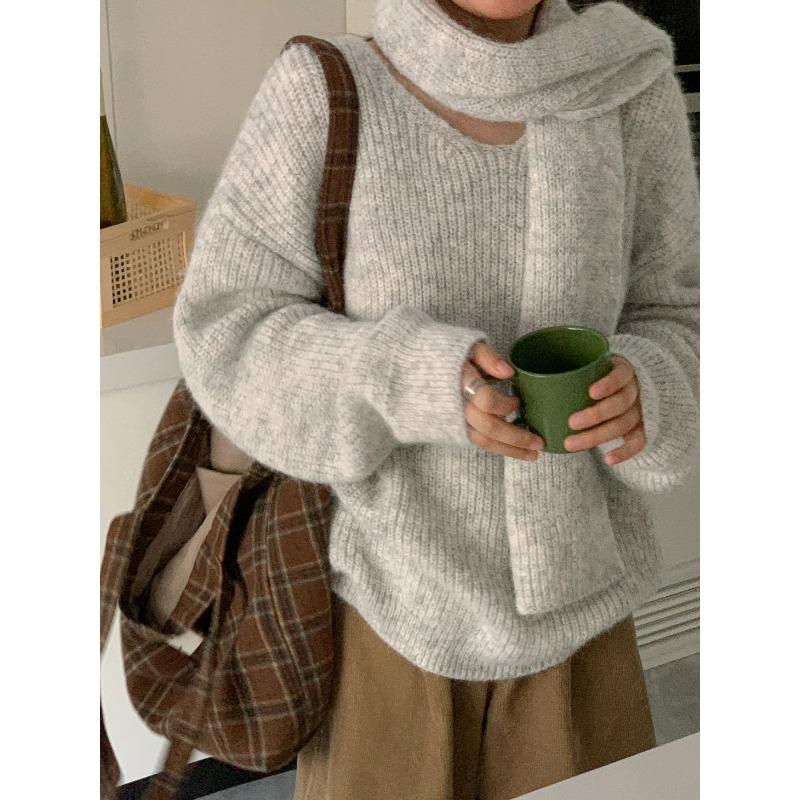 

Retro v-neck with scarf sweater women s autumn and winter simple casual style large size jumper knitted sweater One size светло-серый