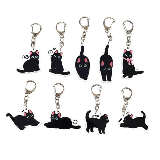 2D Flat Acrylic Cat Charm Keychain Pendant Black Cat Hanging