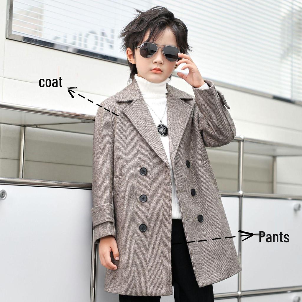 Boys' Mid-Length Wool Trench Coat - Stylish and Warm Korean-Style Overcoat for Autumn and Winter