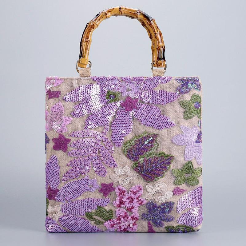 Women's Retro Tote Bag Vintage Pink Embroidery Sequin Bamboo Handle Handbag Elegant Fashion Bag Daily Commute Shopping Travel Bag