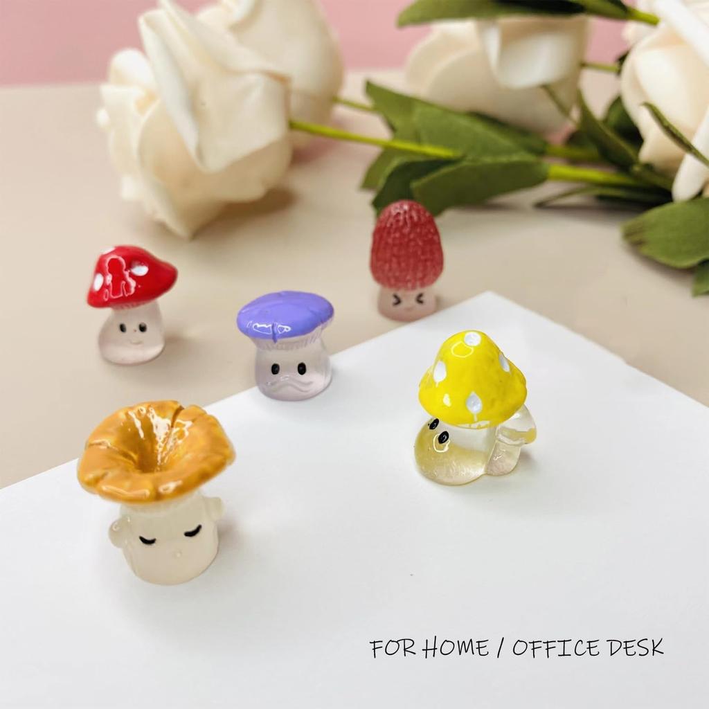 10Pcs Cute Glow in Dark Mini Mushroom Resin Figurines Car Interior Decoration Rearview Mirror Accessories Dashboard Ornament for Micro Landscape