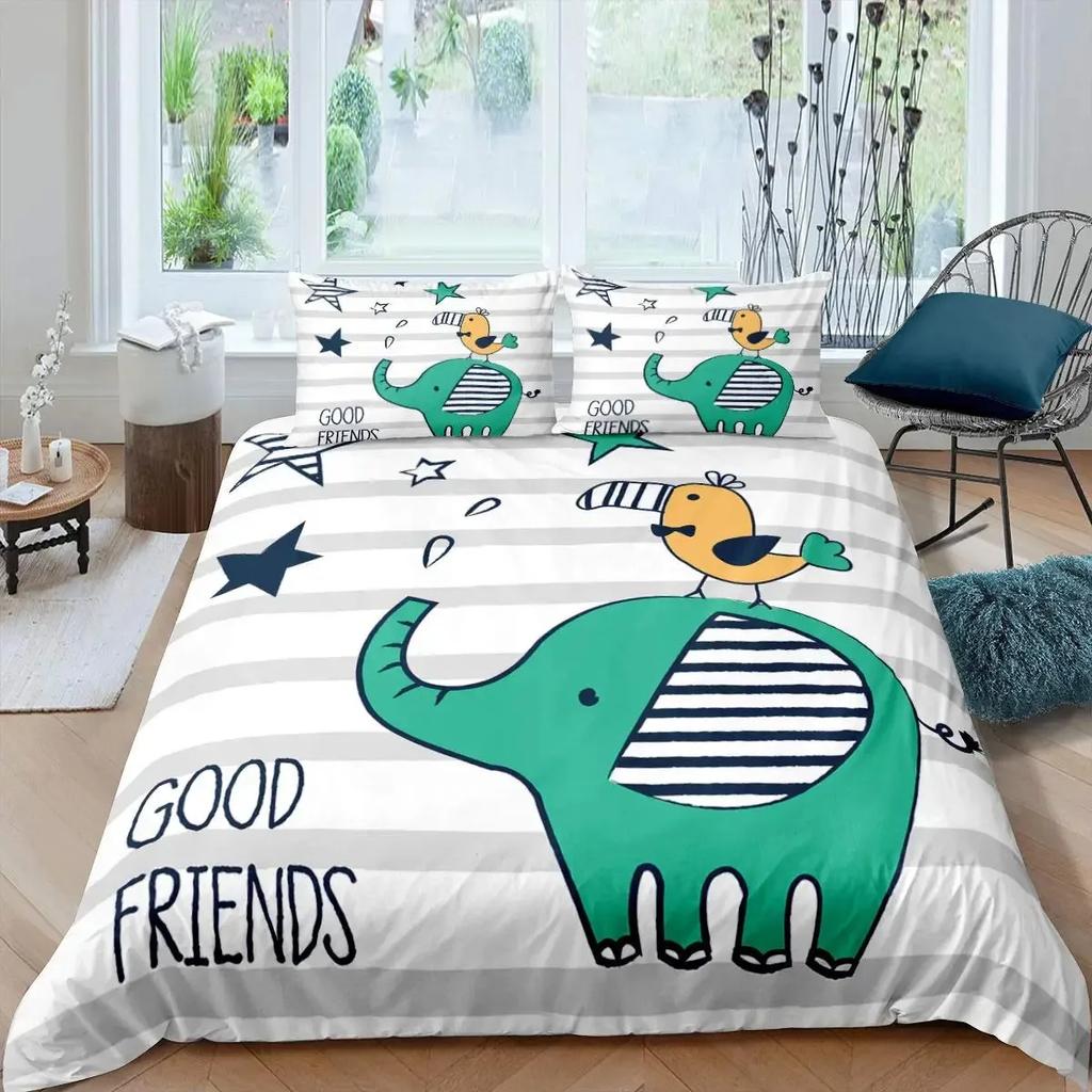 Elephant Duvet Cover Set for Girl Lovely Cartoon Animals Elephant with Butterfly and Bird Bedding Set Comforter Cover Queen Size