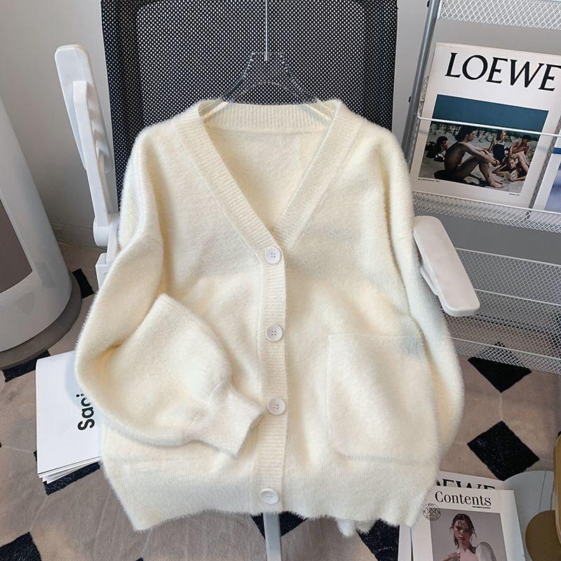 

Женский маленький пушистый весенний вязаный кардиган в студенческом стиле S [80-95] lbs грязно-белый