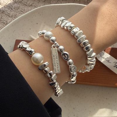 100% Solid 925 Silver Retro Bracelet for Women Geometric Vintage Letters Pearl Stone Simple Bracelet Birthday Gift