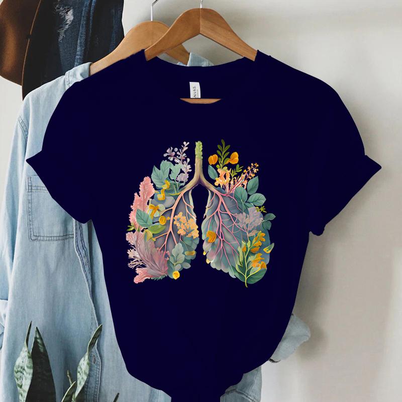 Colorful Anatomical Heart Lungs Tshirt Women Plant Floral Graphic Anatomy Tshirt Top Funny Cardiac Nurse Gift Summer Shirt 2024