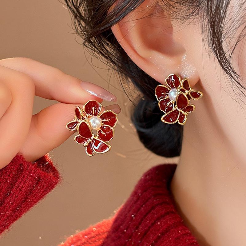 Korea Style Butterfly Flower Shape Red Enamel Stud Earrings for Women Party Cute Lovely Elegent Pearl Vintage Earrings Jewelry
