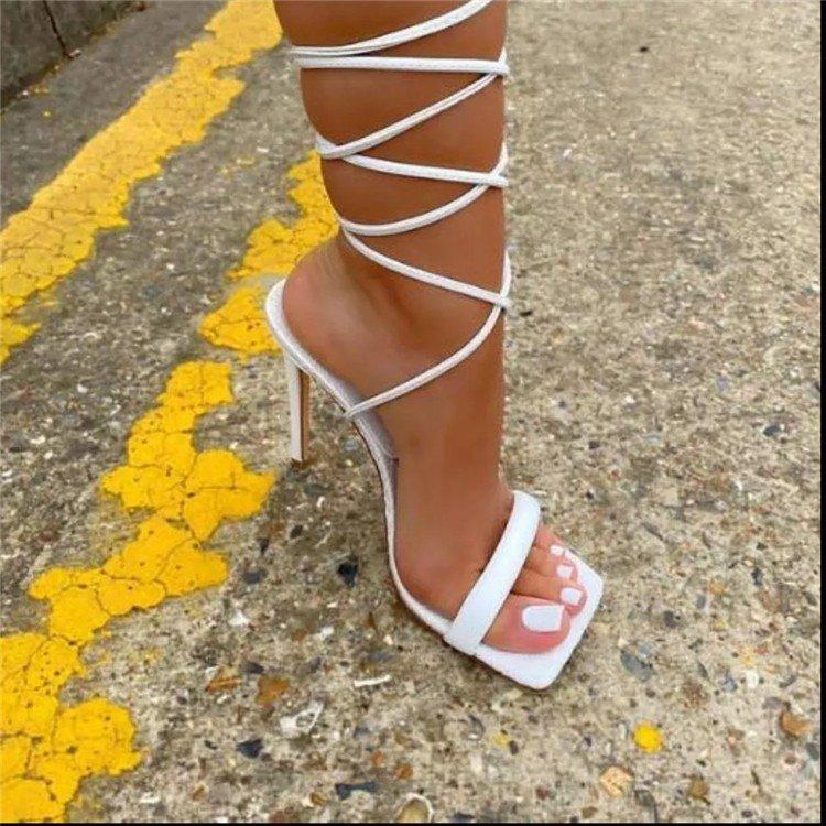 

2025 women s high-heeled sandals anklet straps stiletto European and American large size open-toed foreign trade fashion sandals heels 36 белый