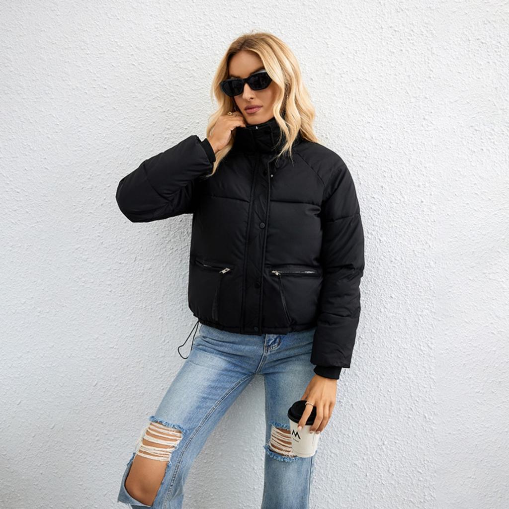 Women's Oversized Cropped Stand Collar Padded Jacket, Casual Zip Up Puffer Coat, Korean Style European American Winter Outerwear for Petite