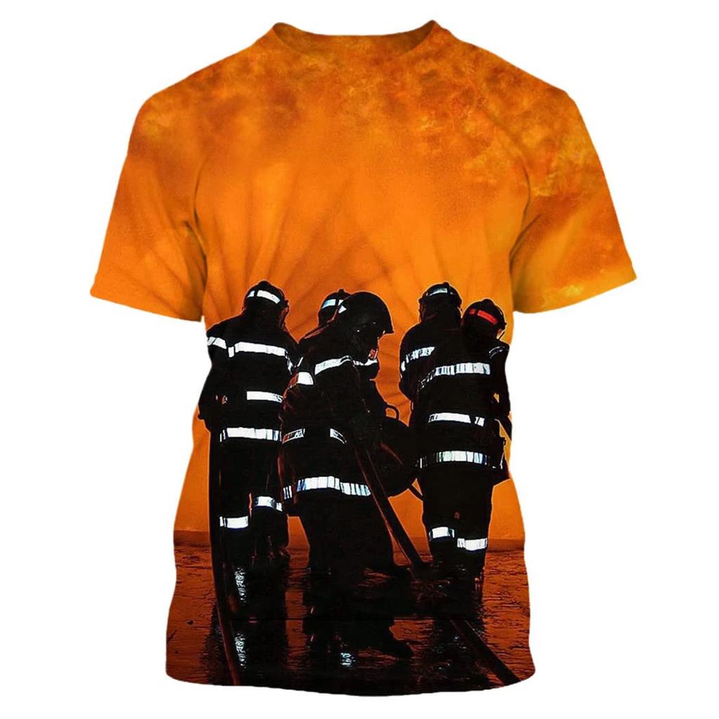 Summer Round Neck 3D Firefighter Print Top Fashionable Casual Short Sleeved Men's T-shirts