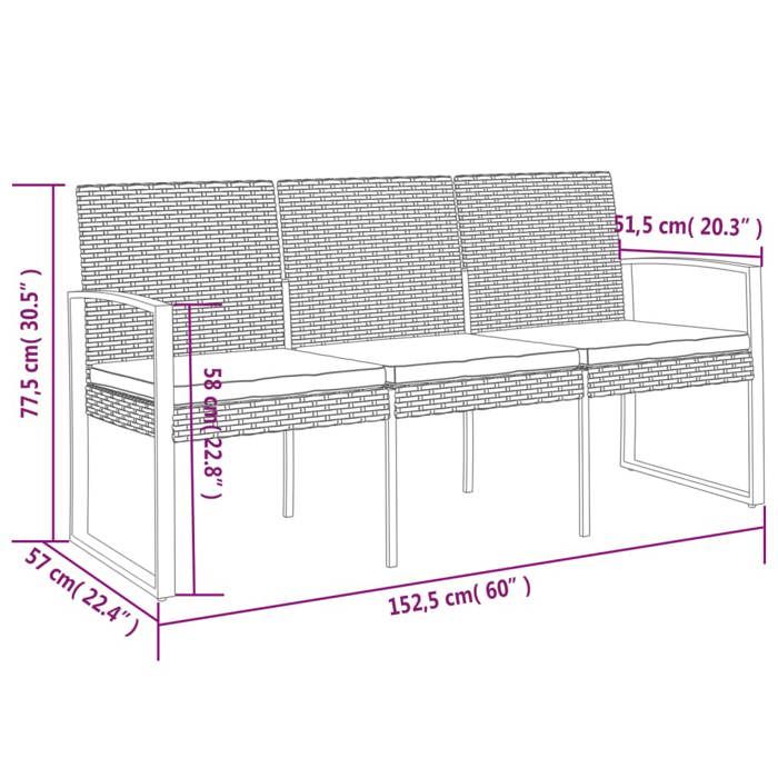 VidaXL Banc de jardin à 3 places avec coussins noir rotin PP 360212
