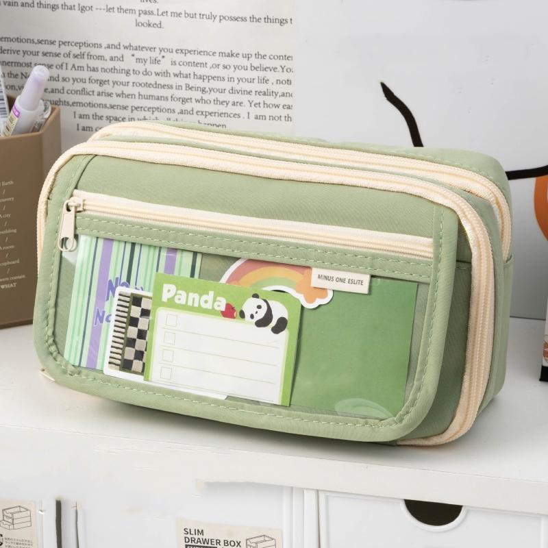 Flip Cover Pencil Bag Pen Case Transparent Front Multi Pocket Oxford Fabric Storage Pouch for Stationery