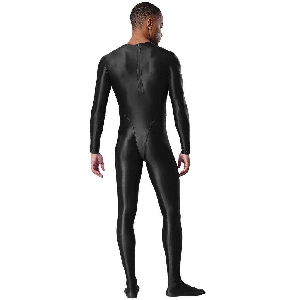 Pánský průhledný body s rolákem, dlouhým rukávem, s chodidly, jednodílný overal, lesklý, klubový, oblečení na spaní