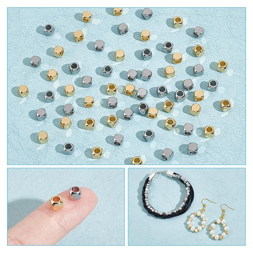 60Pcs 2 Colors 304 Stainless Steel Spacer Beads, Cube, Golden & Stainless Steel Color, 4x4x4mm, Hole: 2mm, 30pcs/color