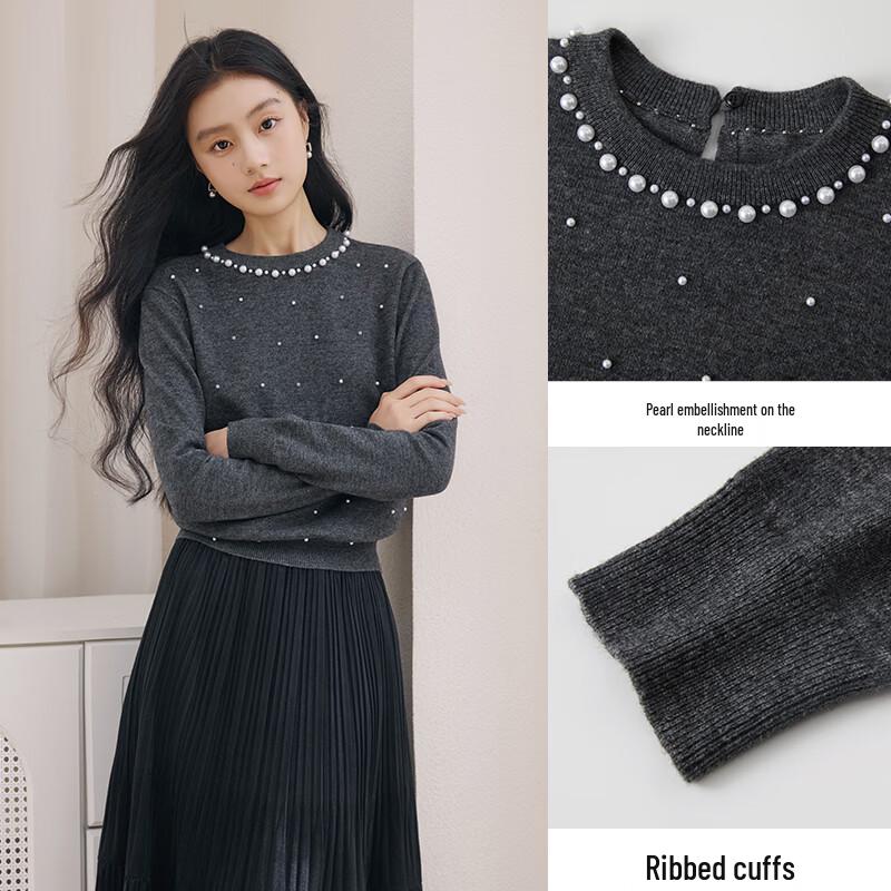 Xiangying Women's Beaded Round Neck Knit Sweater