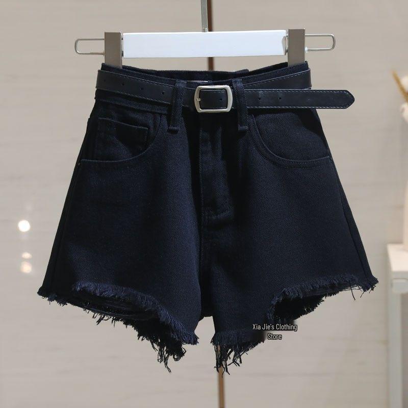 Women's 2025 Summer White High-Waisted Frayed Hem Denim Shorts - Loose, Slimming, Trendy Wide-Leg Hot Pants