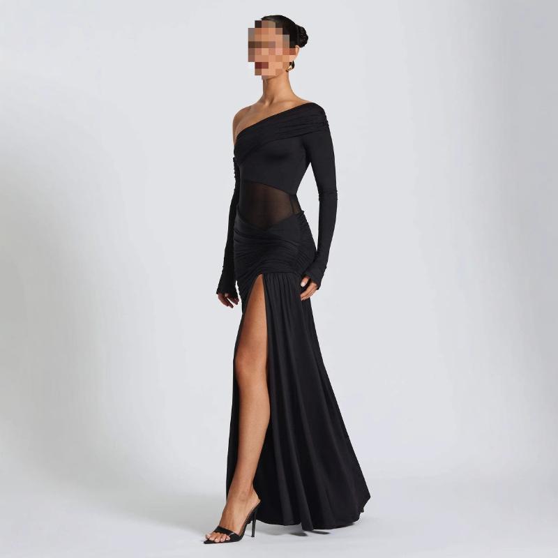 Abito Lungo Sexy da Donna Europeo e Americano Monospalla Vita Piegata Trasparente Off Shoulder in Rete