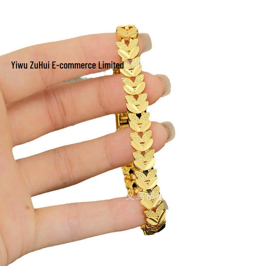 Women's Geometric Bracelet: Leaf & Heart Design, Imitation Gold Plated, 24K Hidden Clasp