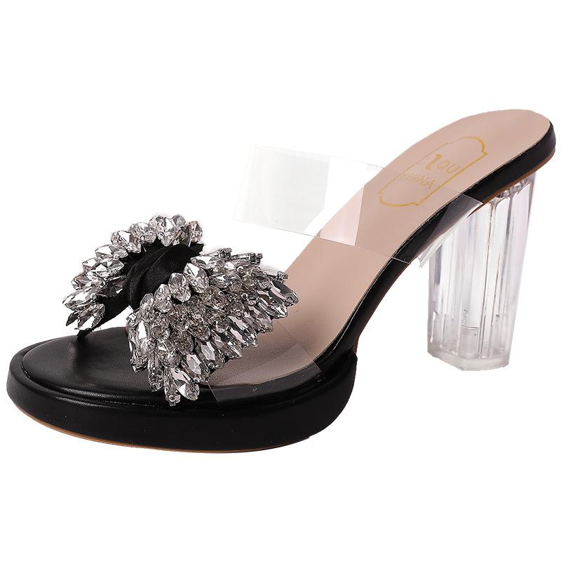 Crystal heel versatile bow rhinestone slippers women's summer fashion outer wear skirt thick heel high heel sandals