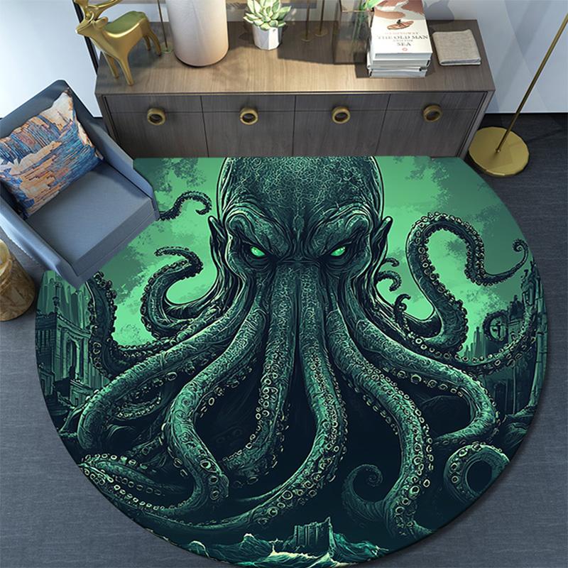 Green Octopus Round Area Rug,Carpet Rug for Living Room Bedroom Sofa Playroom Decor,Non-slip Floor Mat