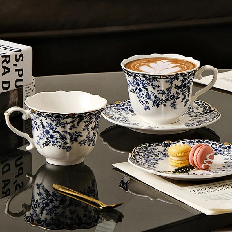 Ceramic Coffee Cup English style blue and white porcelain coffee cup with dish set Ceramic retro European afternoon tea mug